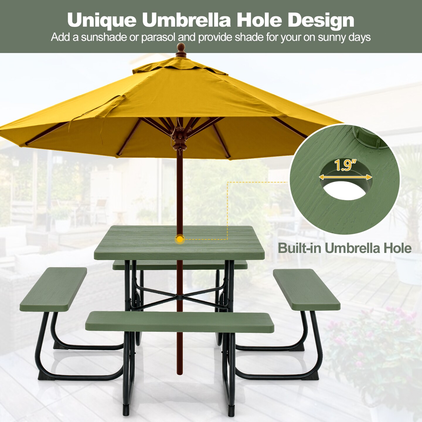 Outdoor Picnic Table With 4 Benches And Umbrella Hole
