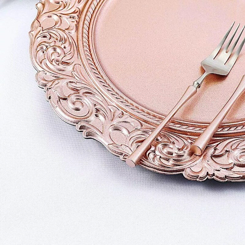 24 ROSE GOLD 14&#x22; Round Baroque Metallic Charger Plates