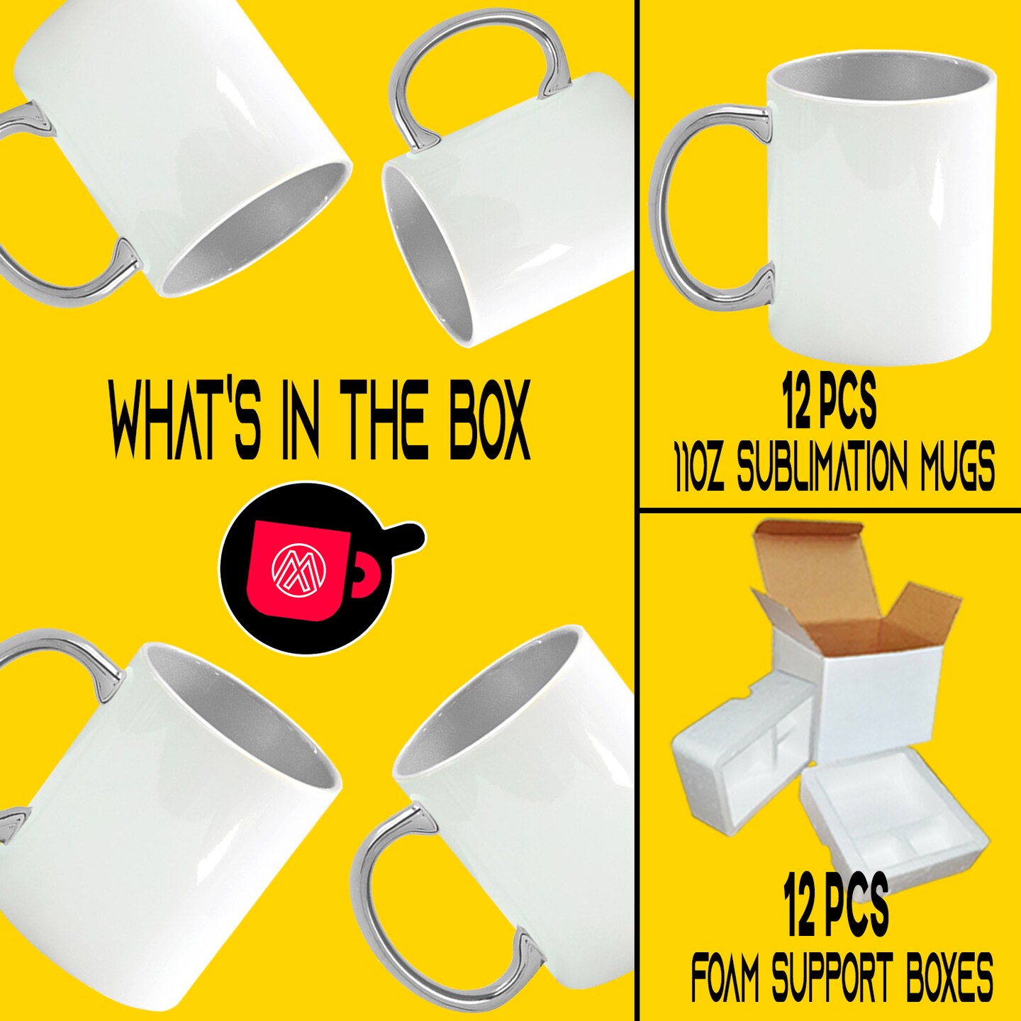 12 Pack of 11OZ SILVER inner &#x26; Handle Sublimation Mug Coated Ceramic Mugs - Professional Grade - Sublimation Series - Cardboard Box with Foam Supports