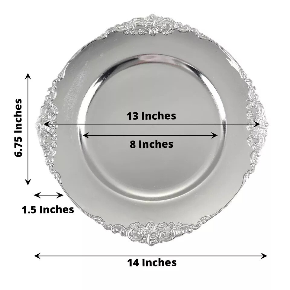 6 SILVER 13&#x22; Round with Embossed Rim Charger Plates