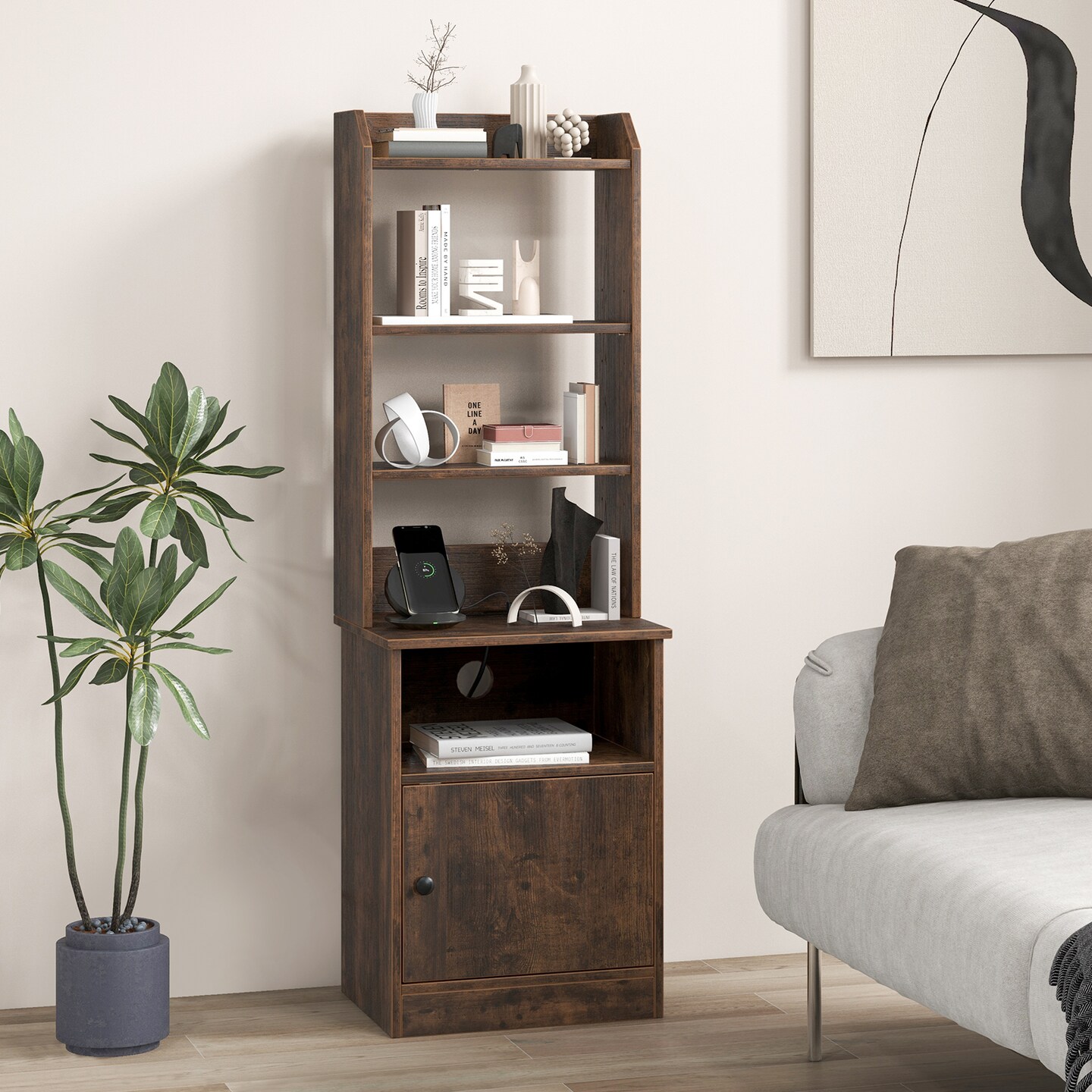 Bedside Tables Tall Nightstands with 5 Open Shelf and 2-Tier Storage Cabinet, Charging Station