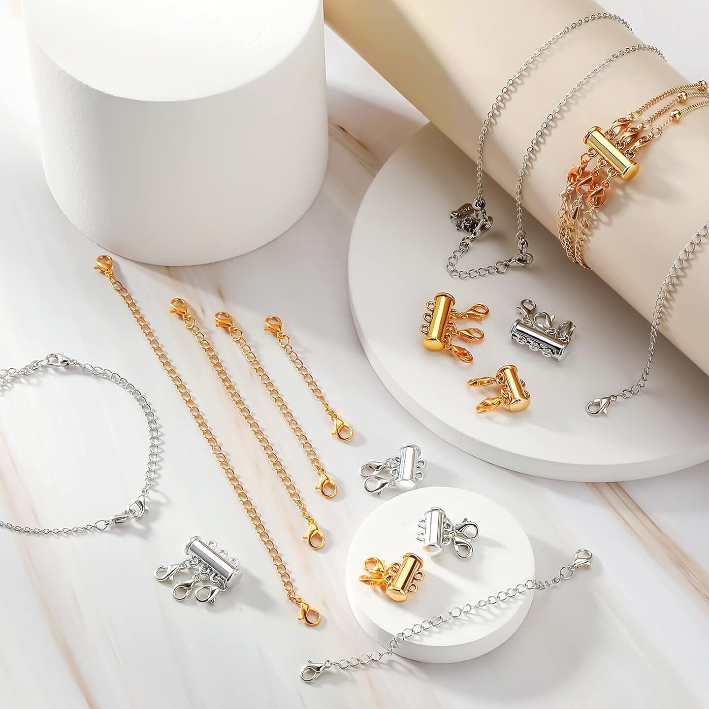12 Pieces Necklace Layering Clasp Necklace Connector Slide Clasp Lock Multi Strand Slide Tube Clasp Plated Tube Lock Connector Necklace Separator with Bracelet Chain Extender Box (Gold, Silver)