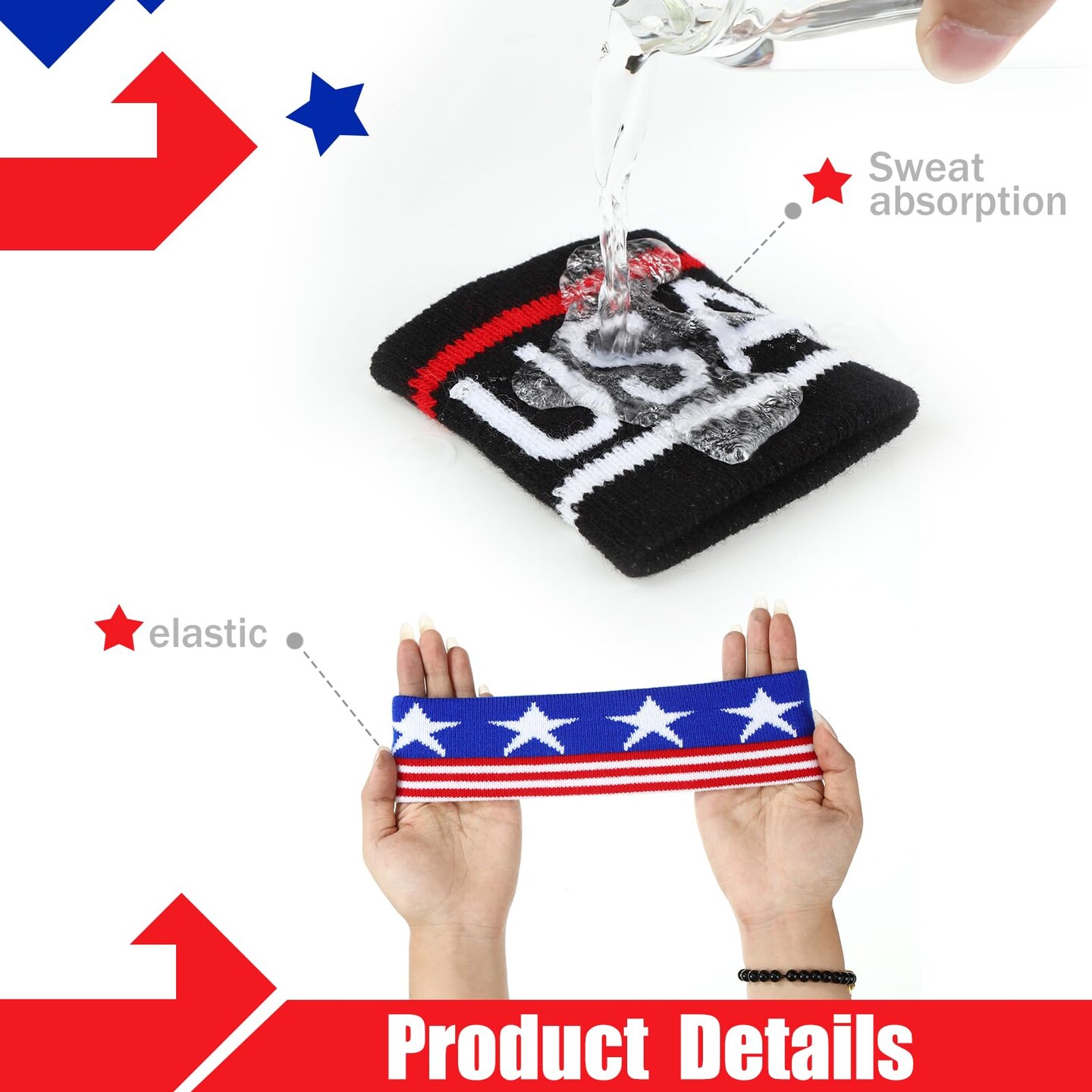 6 Pieces 4th of July American Flag Sports Headband and Wristband Set Patriotic Head Wraps Memorial Day Striped Sweatband USA Wristbands Accessories for Women Men Basketball Football Running