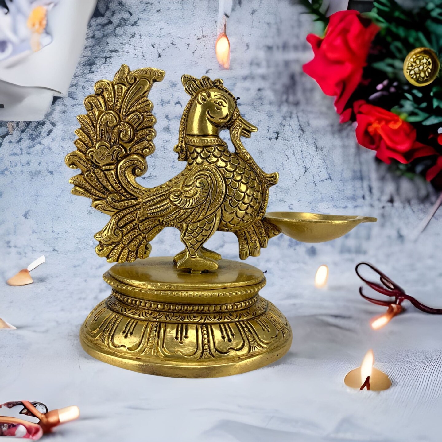 Brass Peacock Diya Annam Deepak Idol Oil Lamp Deepam with Base for Home Temple Mandir Office Diwali Decoration Kathu Vilakku Puja Diya - Deepawali Housewarming Return Gift