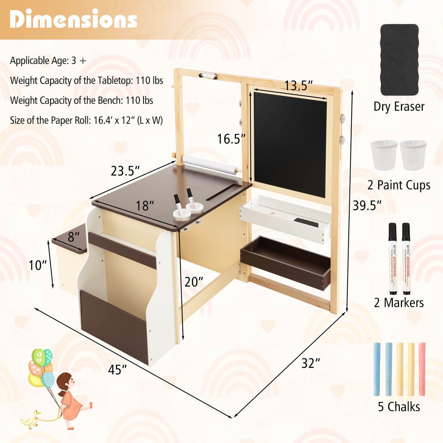 Kids Art Center Wooden Table Bench Set