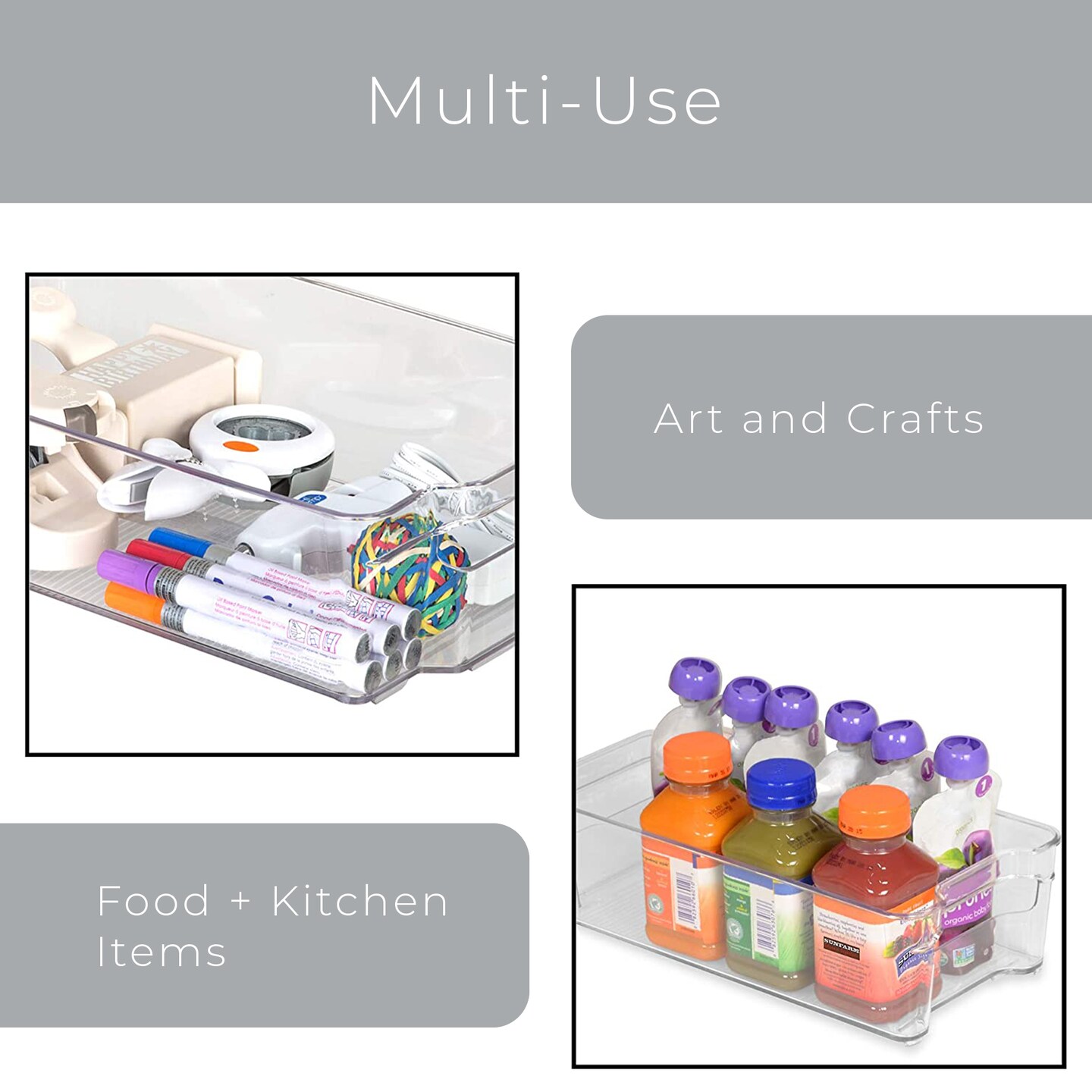 Smart Design Stackable Set of 4 Refrigerator Bins with Handle - 8 x 12 Inch - Clear