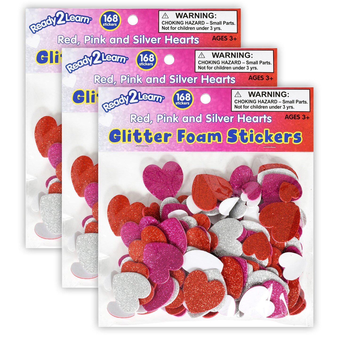 Glitter Foam Stickers - Hearts - Red, Pink and Silver - 168 Per