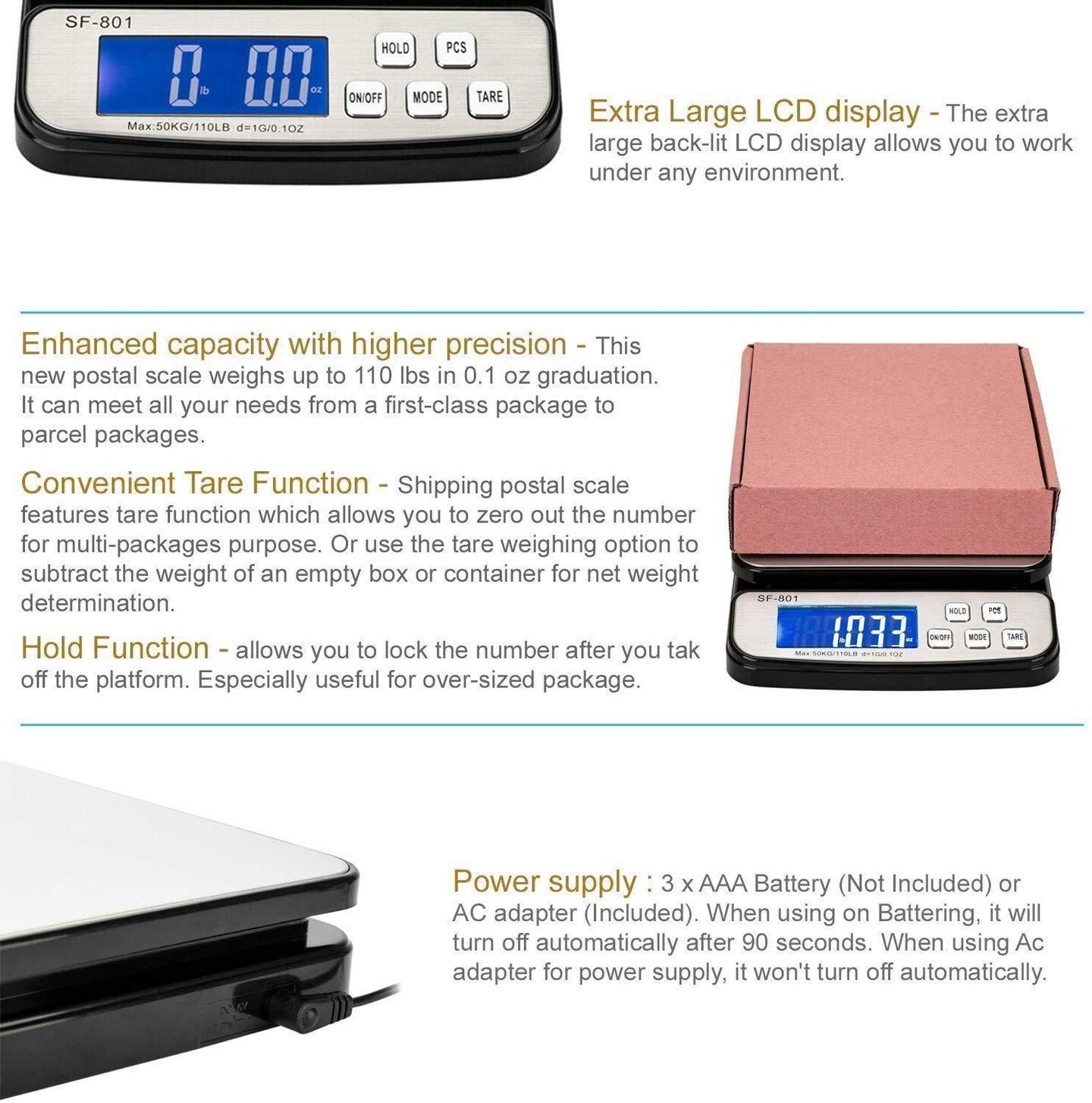 Shipping Scale for Packages 110 LB (50 KG) – Package Scale Postal Scale for Shipping Packages with Stainless Steel Platform Tare Hold Counting Function USB Cord and AC DC Adapter