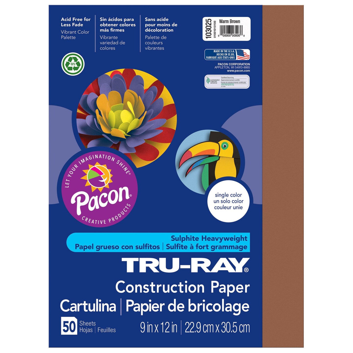 Construction Paper, Warm Brown, 9&#x22; x 12&#x22;, 50 Sheets Per Pack, 5 Packs