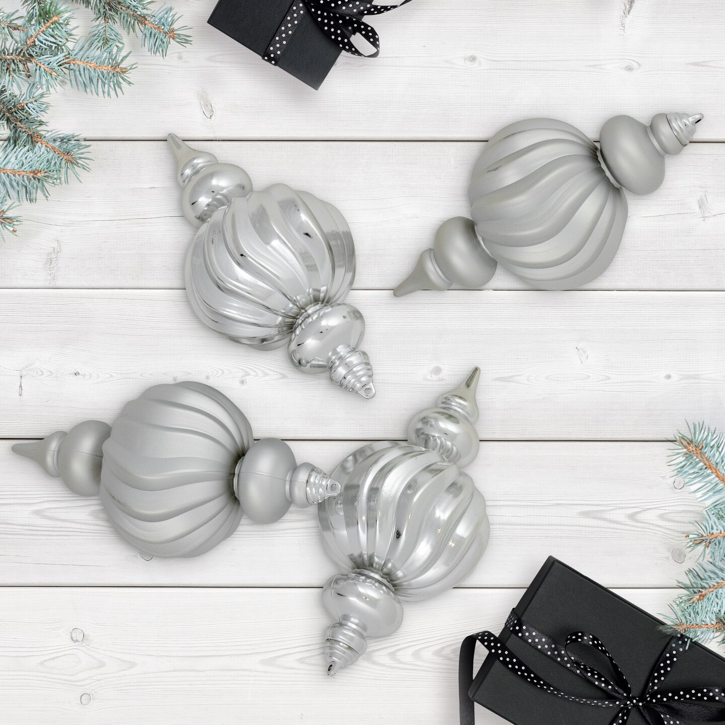 Northlight Commercial Size Shatterproof 2-Finish Finial Christmas Ornaments - Silver -10&#x22; - 4ct