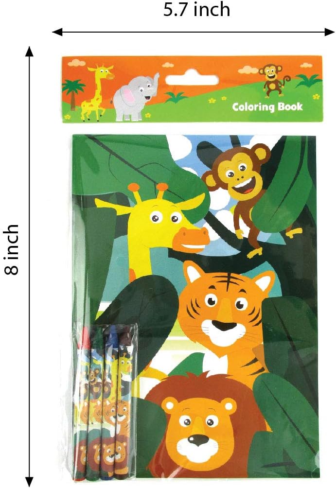 TINYMILLS Safari Zoo Animals Coloring Book for Kids with 12 Coloring Books and 48 Crayons Jungle Book Birthday Party Favors