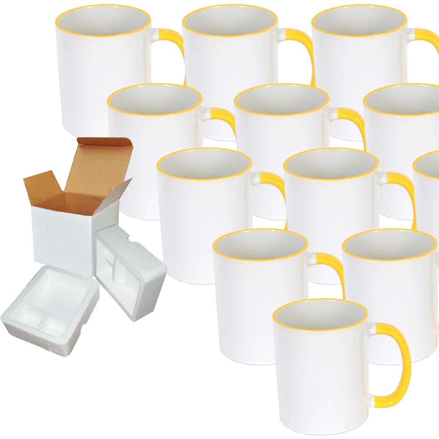 12 Pcs 11OZ Yellow Rim & Handle Sublimation Mugs With Foam Support Boxes