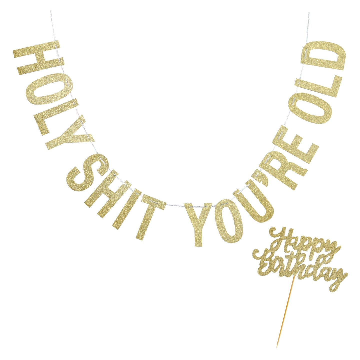 Funny Gold Happy Birthday Banner and Cake Topper Set, Holy Sh*t You&#x27;re Old Party Decorations (10 Feet)