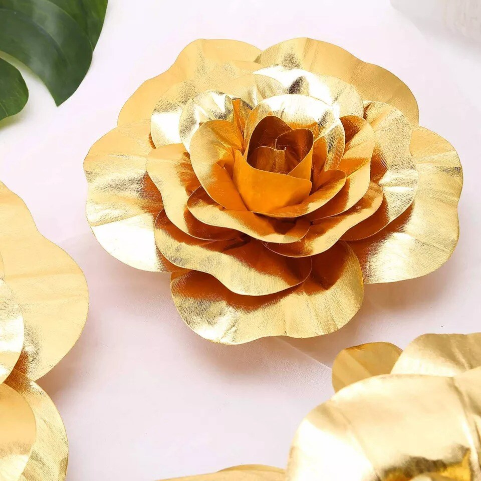 4 pcs 12&#x22; Gold Artificial Large Roses Flowers Wall Backdrop