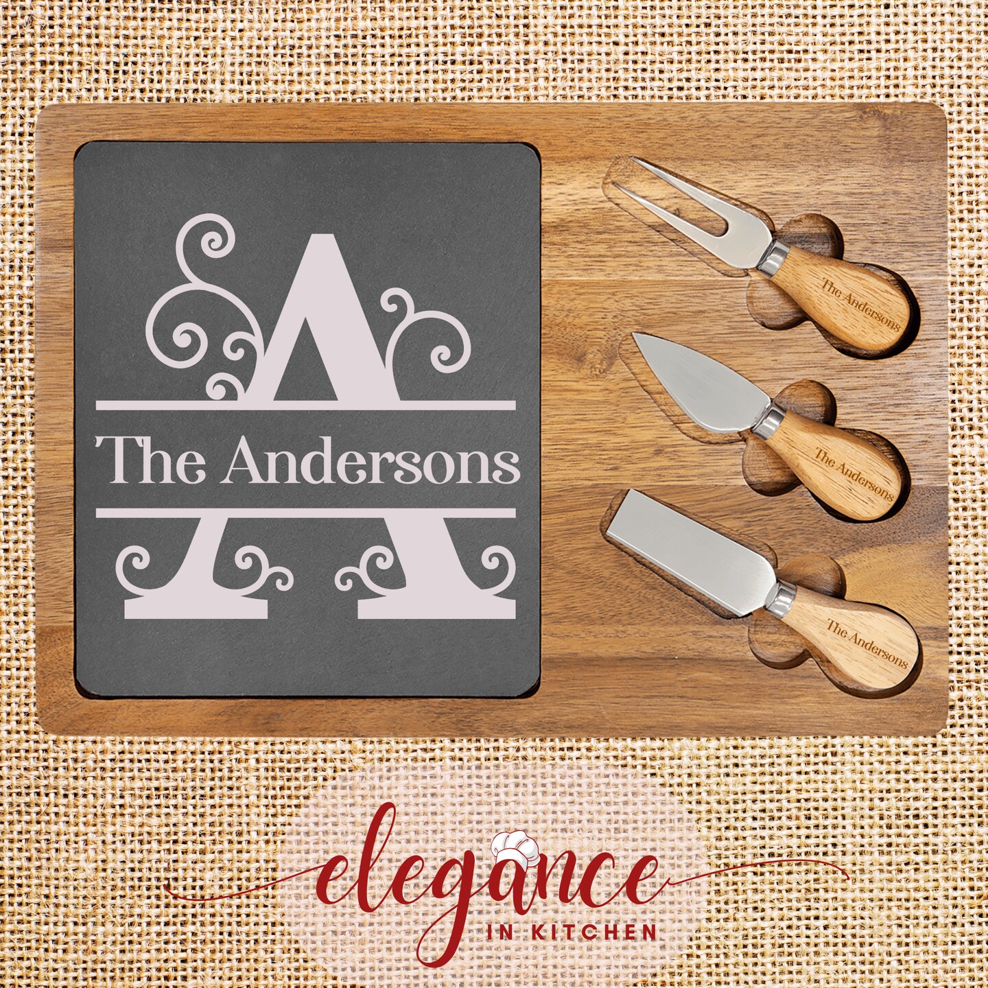 Monogrammed Acacia Wood Cheese Set with Three Tools, Personalized ...
