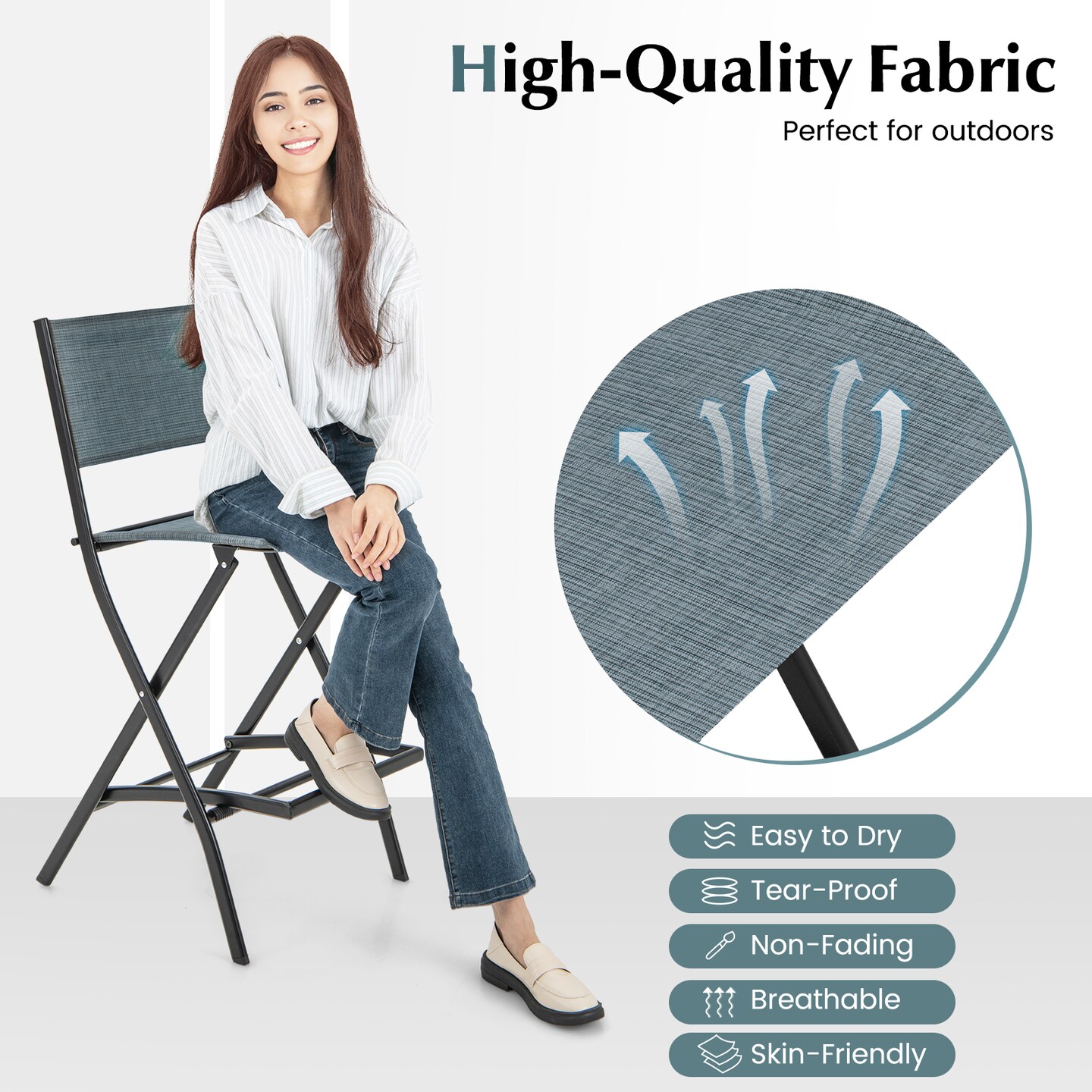 Outdoor Folding Bar Height Stool Set Of 4 With Metal Frame And Footrest