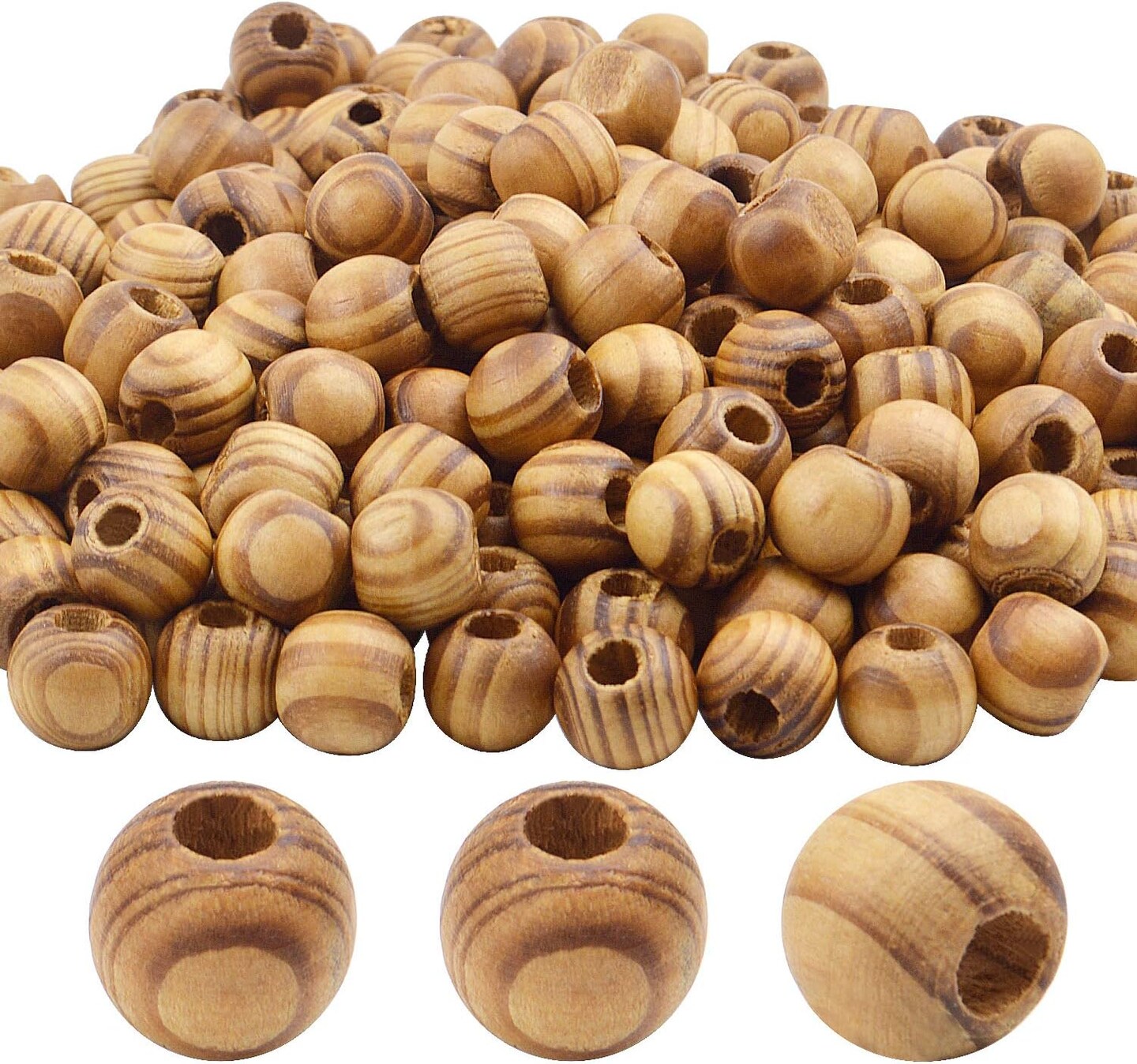 Natural Wooden Beads, 200 Pieces 12mm Diameter Round Loose Spacer Beads Large Hole (4.5mm) Wooden Craft Beads with Beautiful Grain for DIY Handmade Decorations