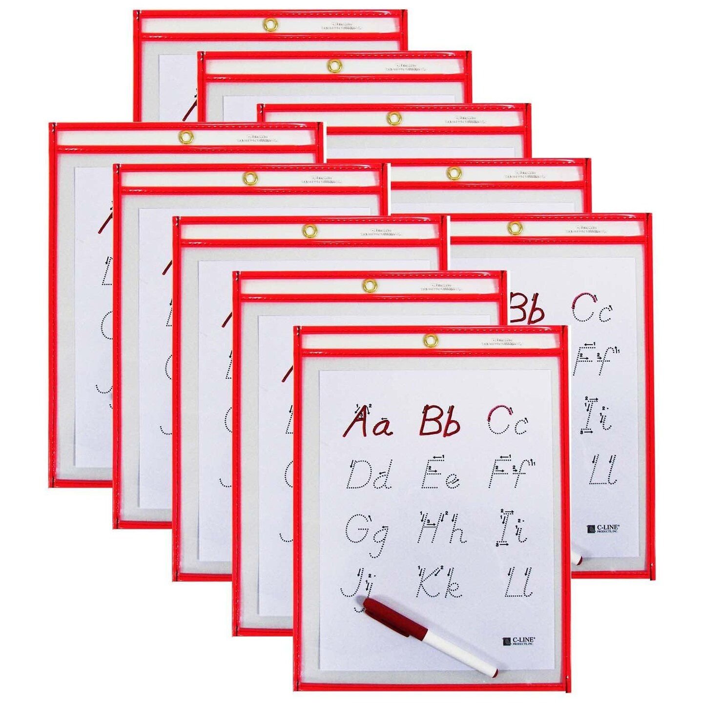 Reusable Dry Erase Pocket - Study Aid, Neon Red, 9&#x22; x 12&#x22;, Pack of 10