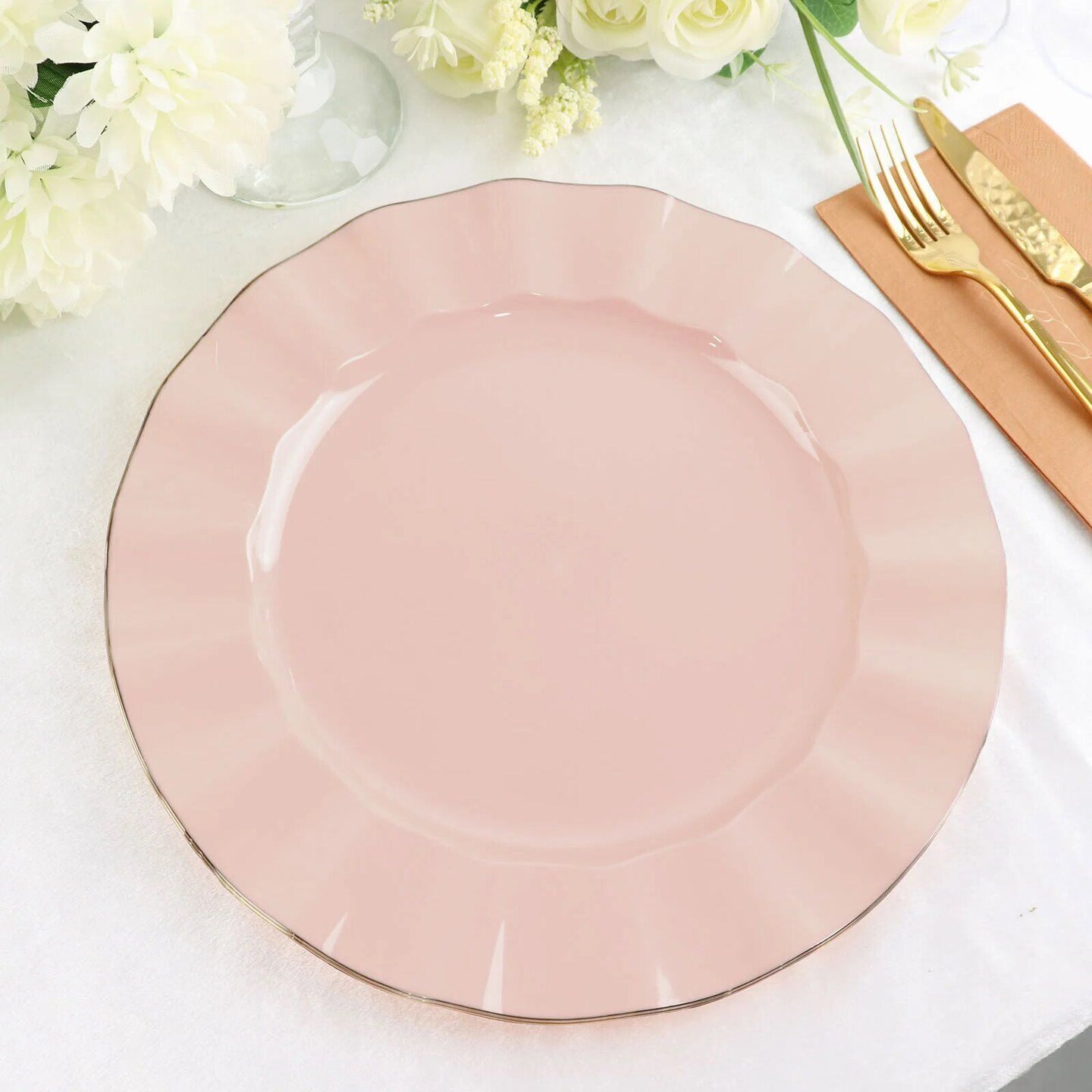 10 BLUSH 11&#x22; Round PLASTIC Salad Dinner PLATES Gold Wavy Rim