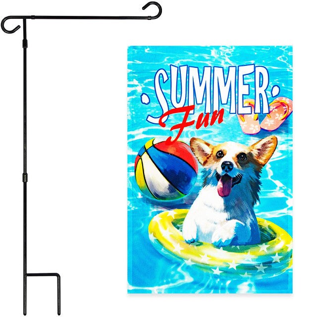G128 Combo Pack: Garden Flag Stand Black 36x16 Inch &#x26; Garden Flag Summer Fun with Dog in Pool 12x18 Inch