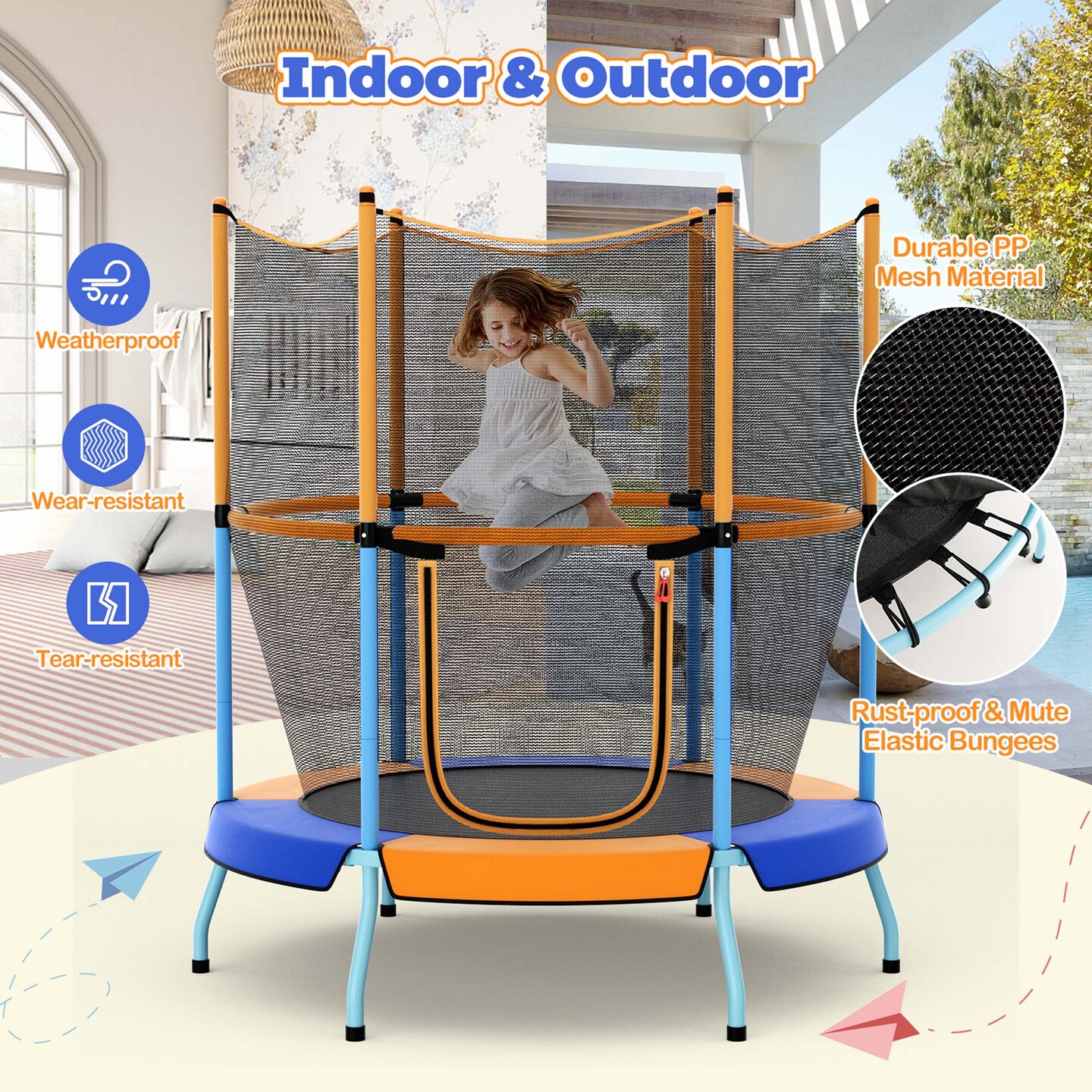 Costway 48" Toddler Trampoline for Kids with Safety Enclosure Net Heavy-duty Frame Orange/Yellow