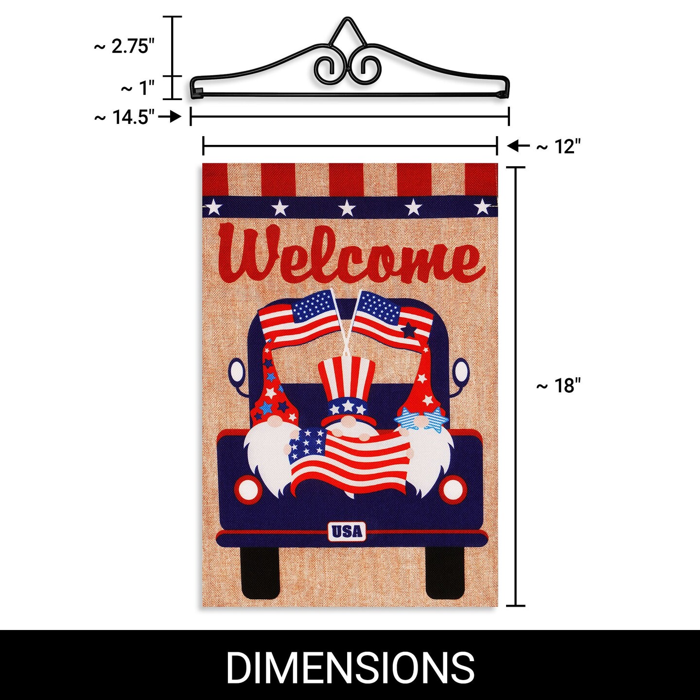 G128 Combo Pack Garden Flag Hanger 14IN &#x26; Garden Flag Welcome 3 Gnomes in Patriotic Truck 12x18IN Printed Double Sided Burlap Fabric