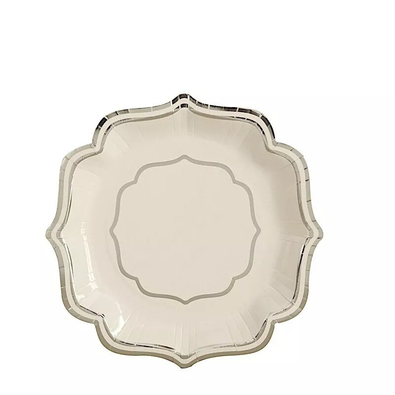 25 WHITE SILVER 8" Paper Salad DINNER PLATES Scallop Rim Design