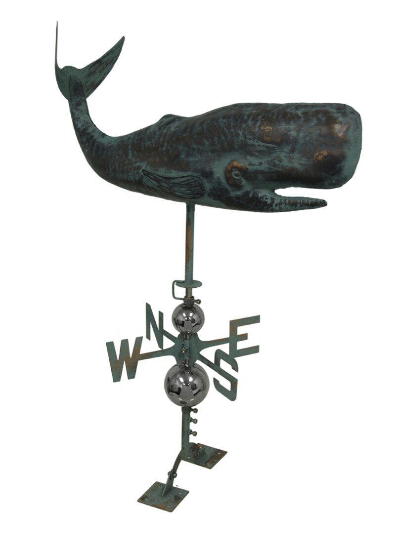 Verdigris Finish Metal Whale Weather Vane w/Roof Mount