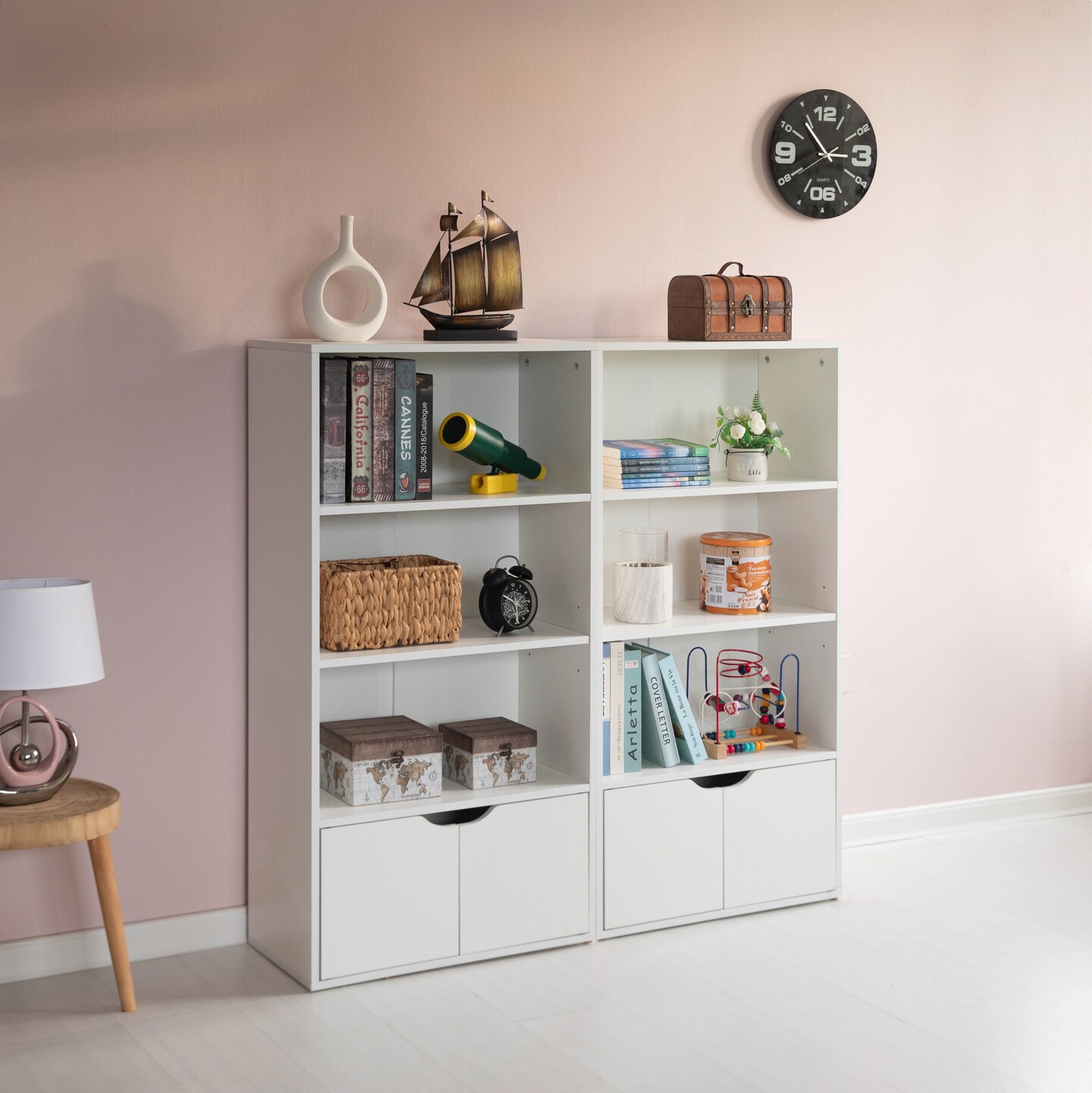 47 Inches Multi Purpose White 3 Tier Open Book Shelf and Bookcases with 2 Doors Storage Cabinet and 1 Adjustable Shelf - Ideal for Home Office, Living Room, Classroom, Study Room