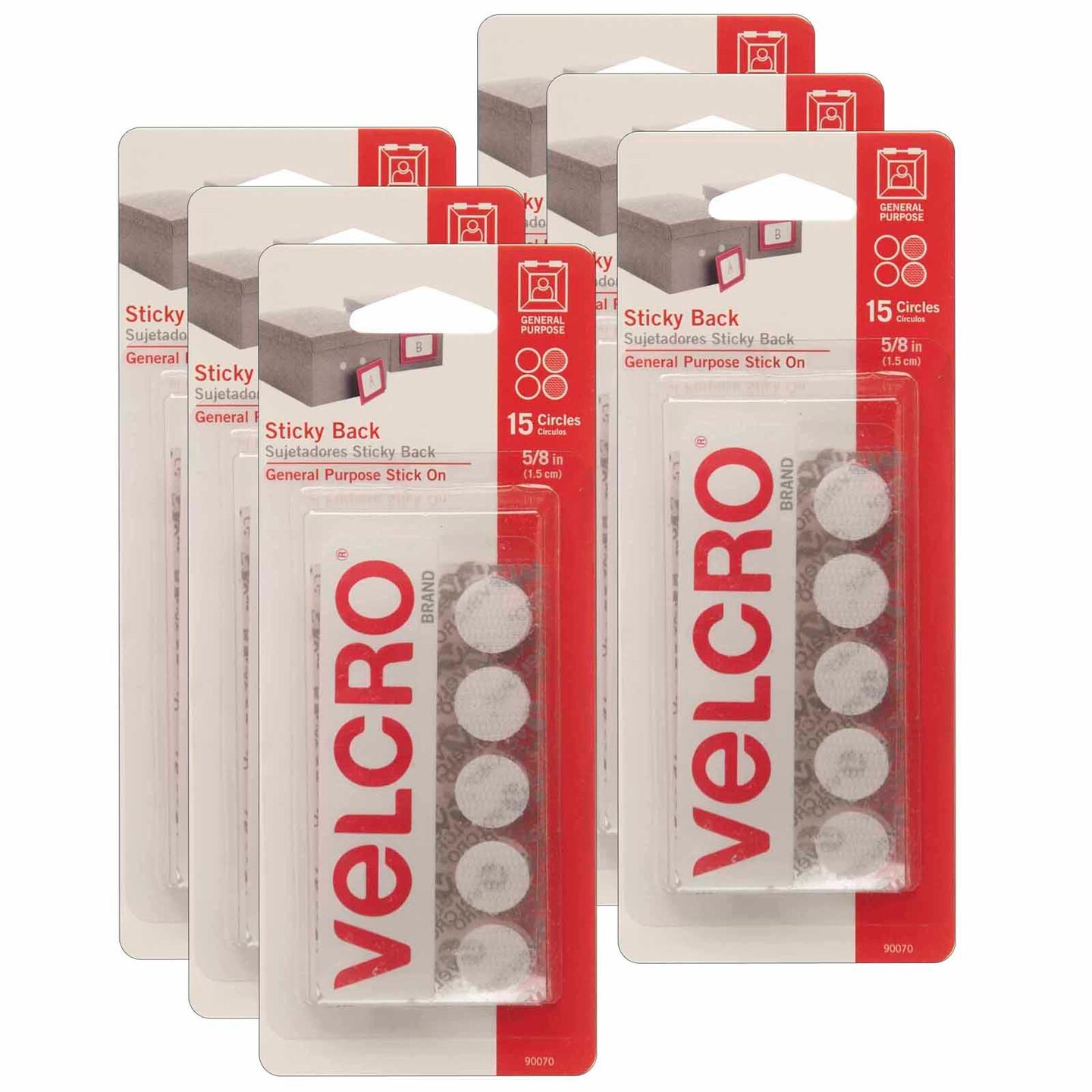 Sticky Back&#x2122; Round Fasteners, 0.63&#x22;, White, 15 Per Pack, 6 Packs