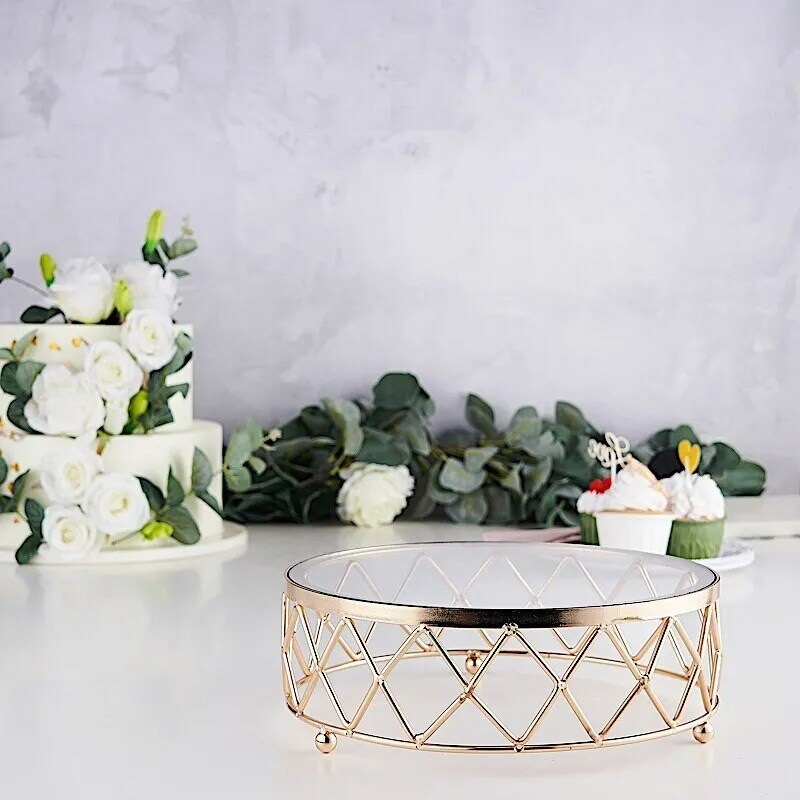 GOLD CLEAR 14&#x22; Round Metal Glass Geometric CAKE STAND