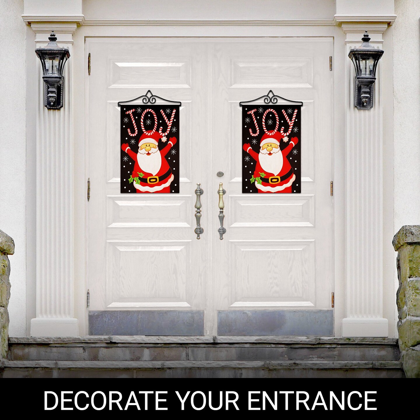 G128 Combo Pack Garden Flag Hanger 14IN &#x26; Garden Flag Joyful Santa 12x18IN Printed Double Sided Blockout Fabric