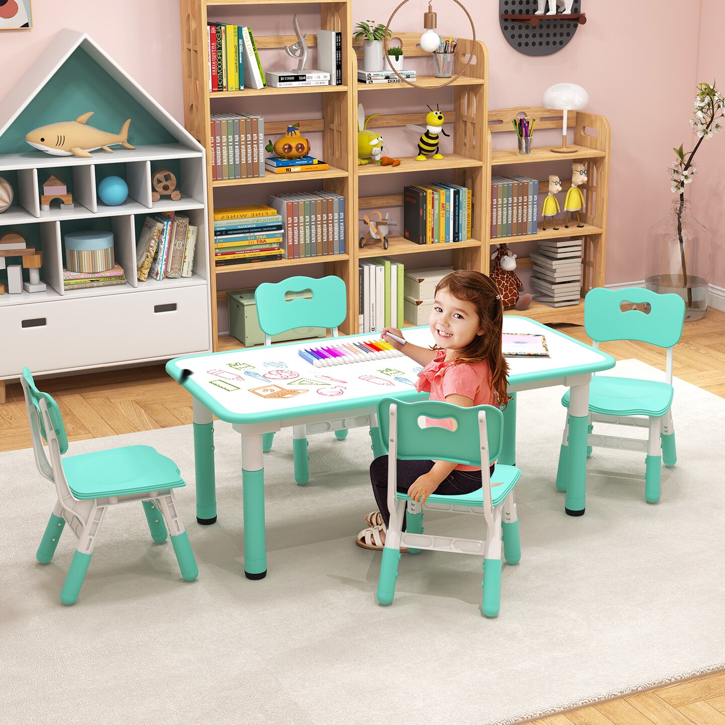 Kids Table And Chairs Set For 4 With Graffiti Desktop