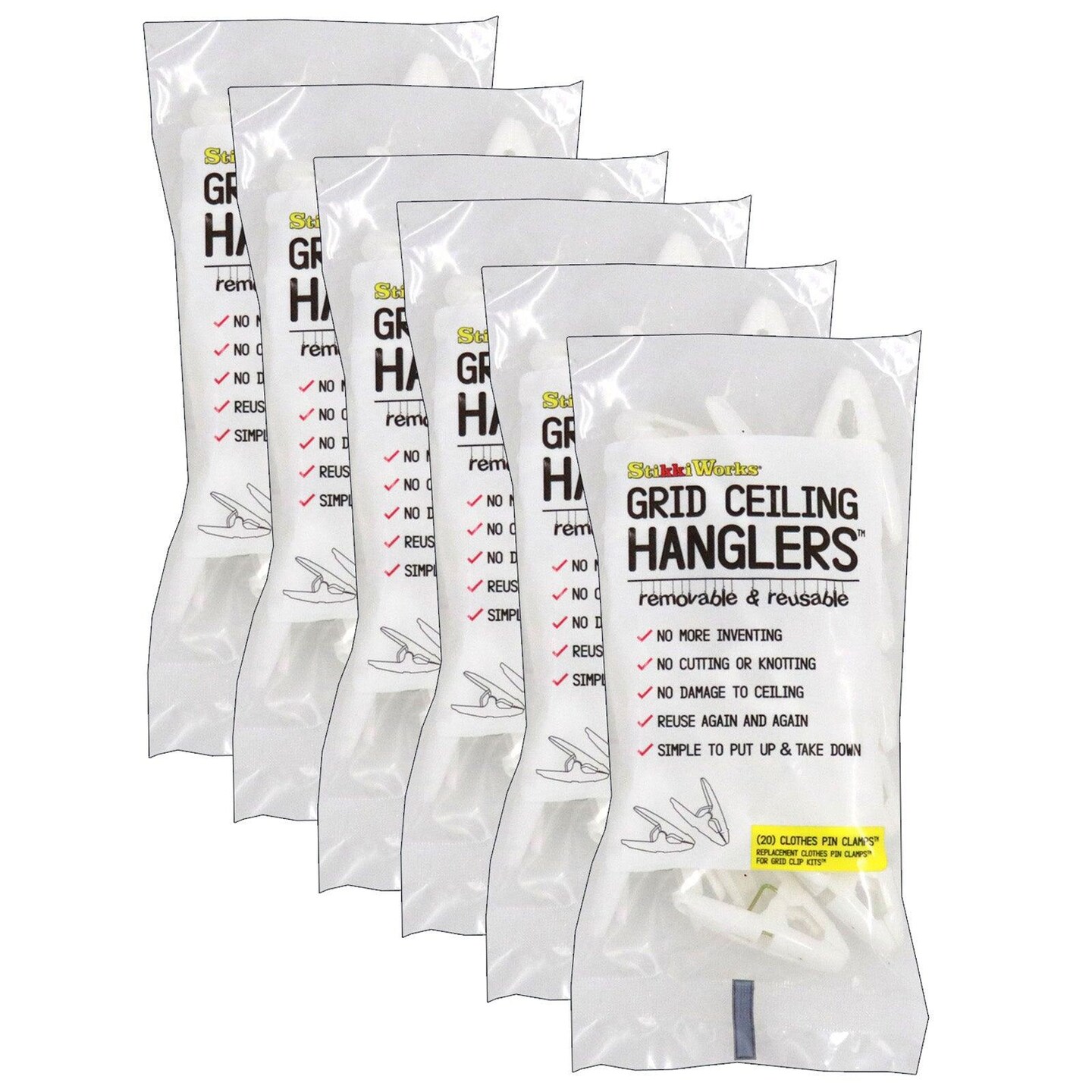 Grid Ceiling Hanglers&#x2122; Clothes Pin Clamps&#x2122;, 20 Per Pack, 6 Packs