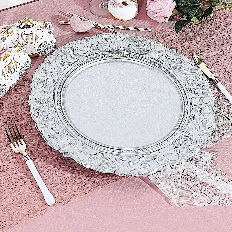 24 SILVER 14&#x22; Round Baroque Metallic Charger Plates