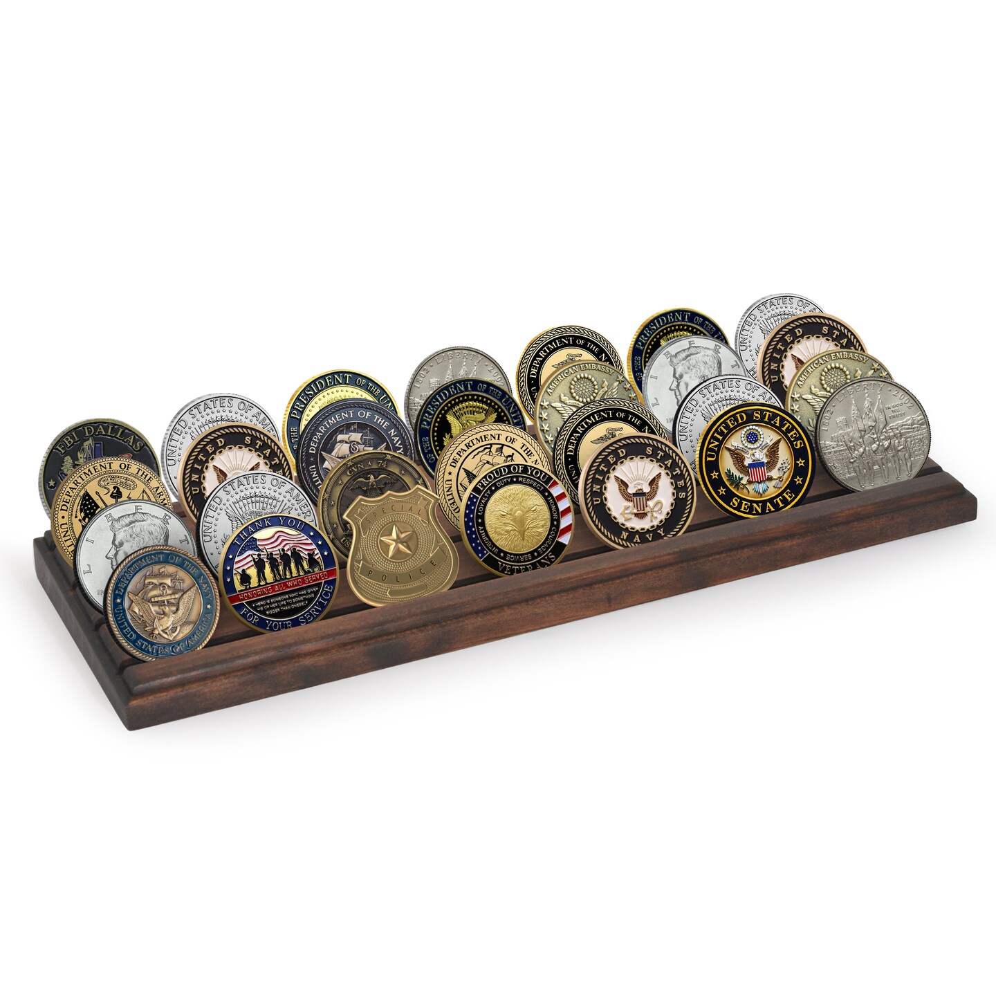 Americanflat 12x4 Challenge Coin Display - Four Rows for Displaying Military Challenge Coins - Showcase up to 30 Coins at Once - Collectible Coin Holder - Pinewood Finish - Black