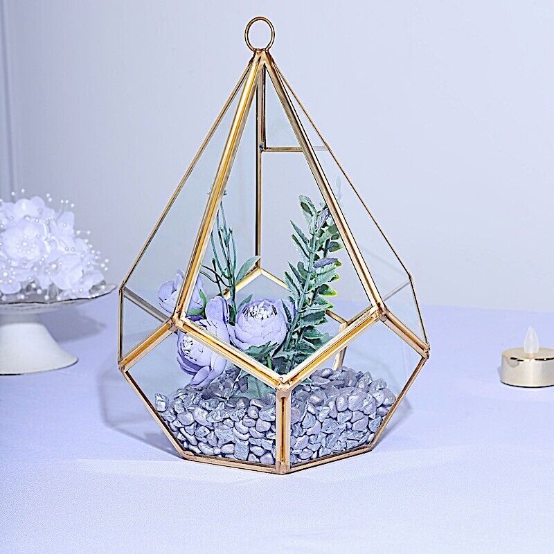 9-Inch tall Clear Gold Metal Teardrop Geometric GLASS TERRARIUM Vase