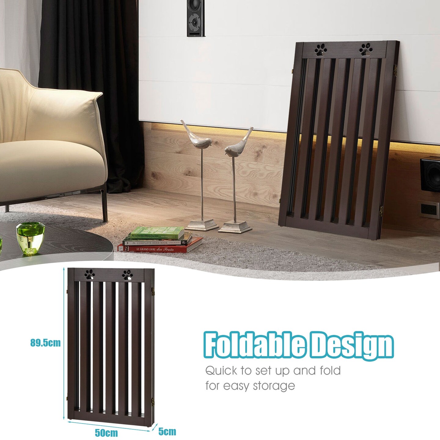 36 Inch Folding Wooden Pet Gate Freestanding Dog Gate with 360&#xB0; Flexible Hinge
