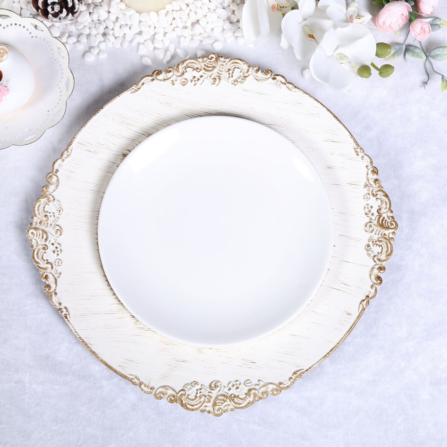 24 WHITE GOLD 13&#x22; Round Embossed Rim Charger Plates