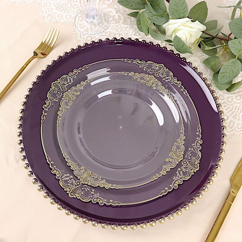 6 PURPLE GOLD 12&#x22; Round Beaded Rim Charger Plates