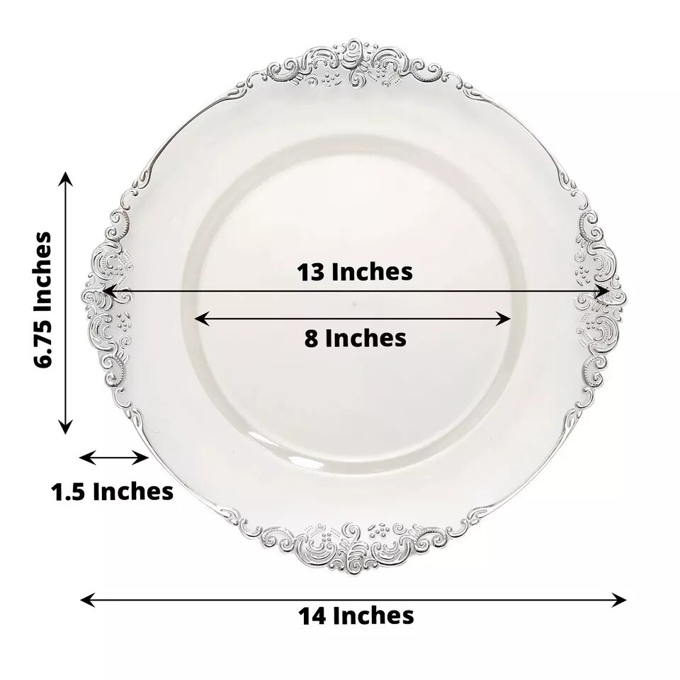 6 CLEAR 13&#x22; Round with SILVER Embossed Rim Charger Plates