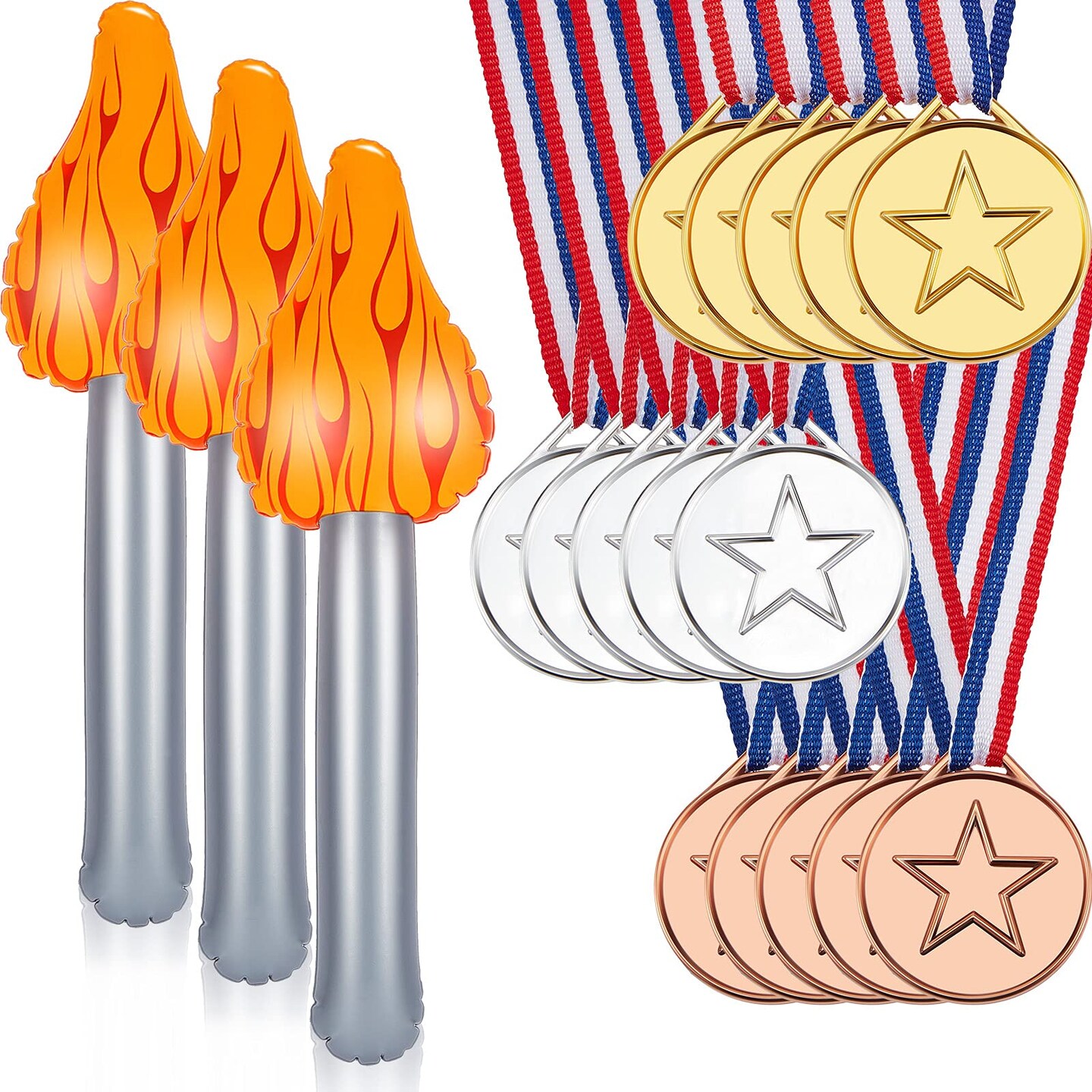 Olympics Party Decorations 15 Pieces Gold Silver Bronze Plastic Medals for Awards 3 Pieces 15 Inch Olympic Torch Prop for Medieval Luau Themed Party Sports Competitions