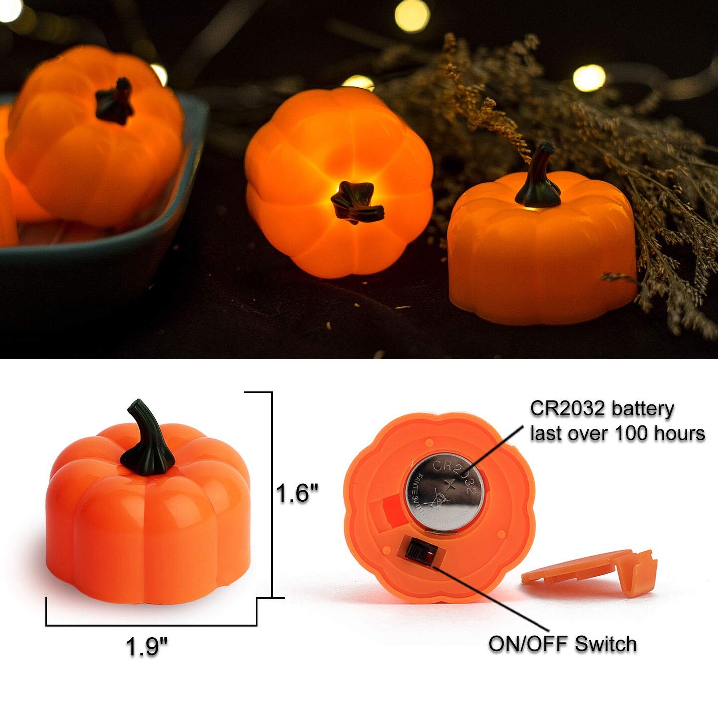 12 Pack LED Pumpkin Halloween  Lights, Jack-O&#x27;-Lantern, Small Orange Flickering Tea Lights, for Halloween, Fall Festival Decorations