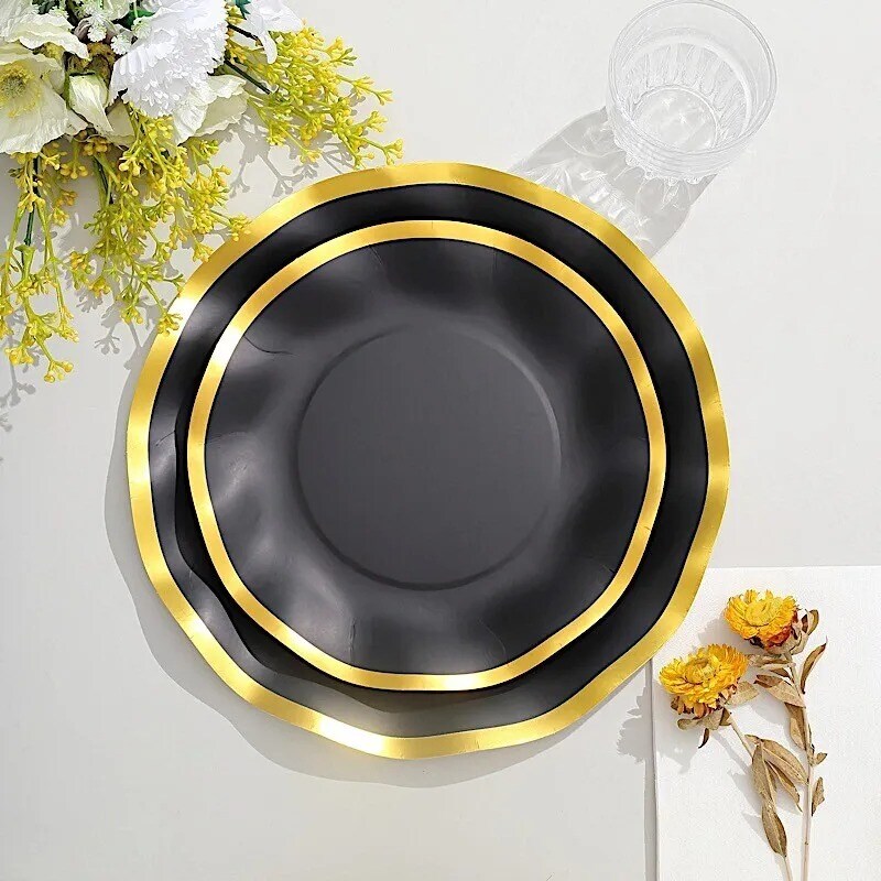 25 Round 8&#x22; BLACK Paper Salad Plates Gold Wavy Rim