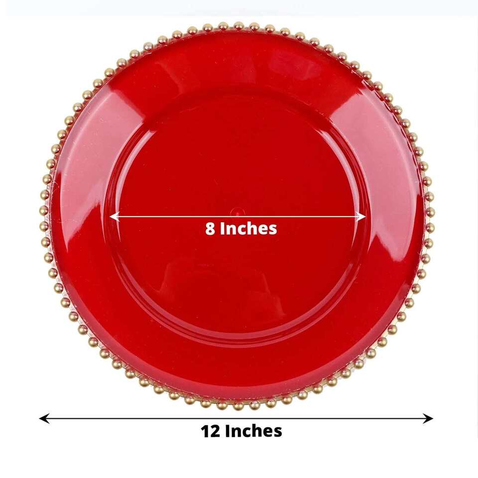 6 RED GOLD 12&#x22; Round Beaded Rim Charger Plates