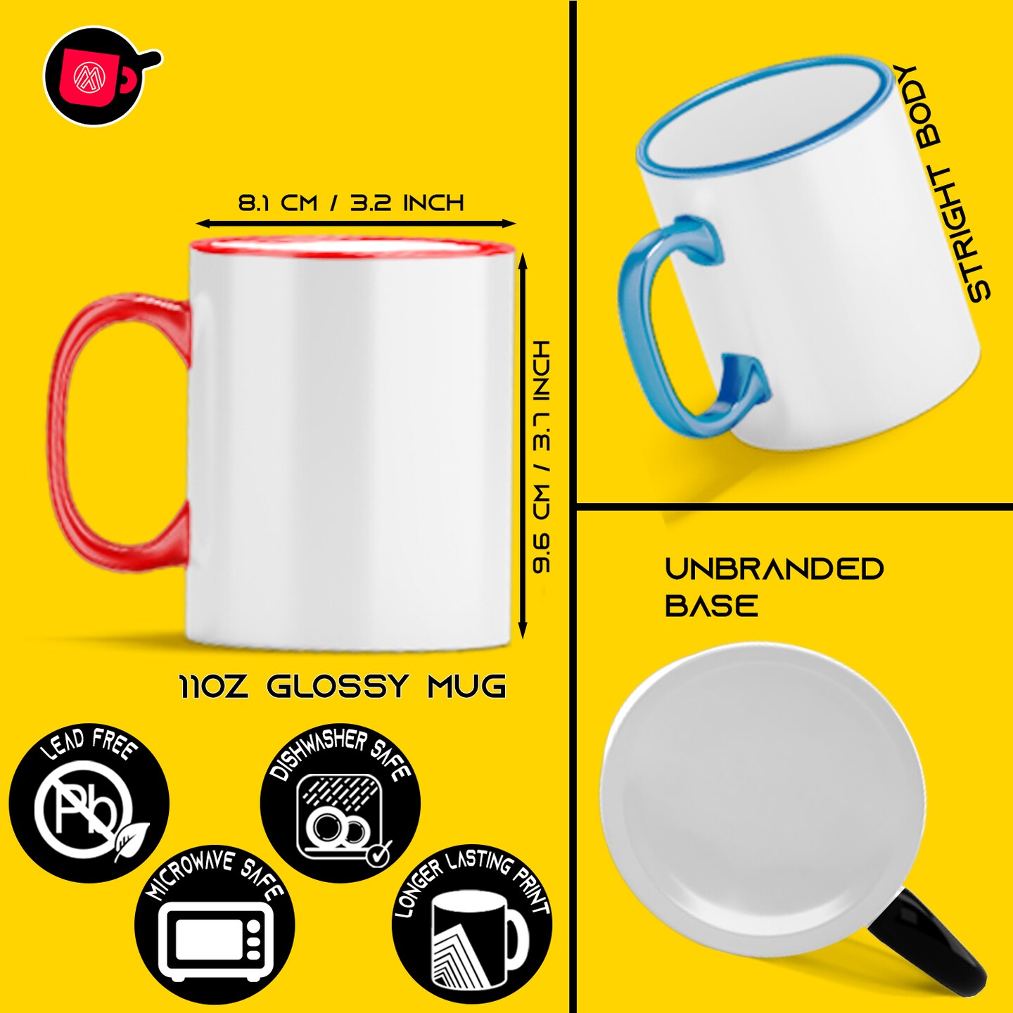 8 Pcs 11OZ MIXED Color Rim & Handle Sublimation Mugs With Foam Support Boxes