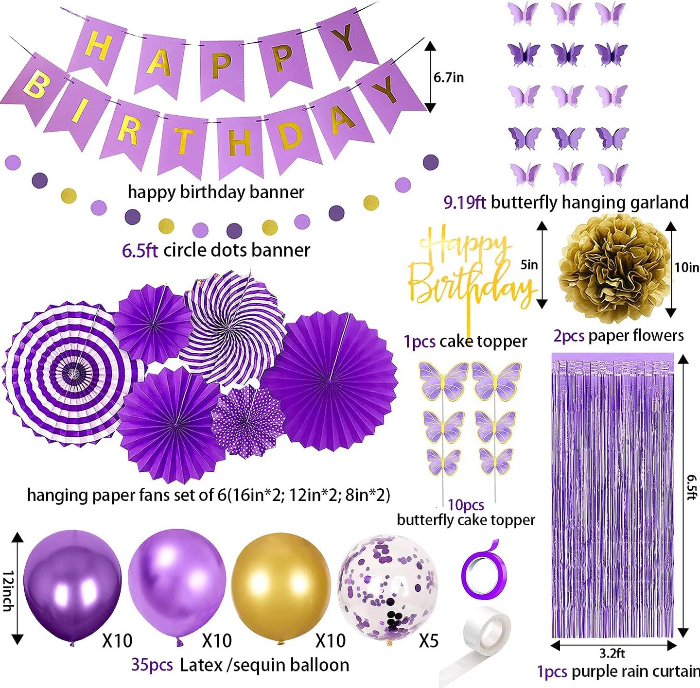 Purple Birthday Party Decorations for Women Girls with Butterfly Hanging Garland,Happy Birthday Banner,Curtains,Circle Dots Garland,Hanging Paper Fans,Butterfly Cake Topper Birthday for Her