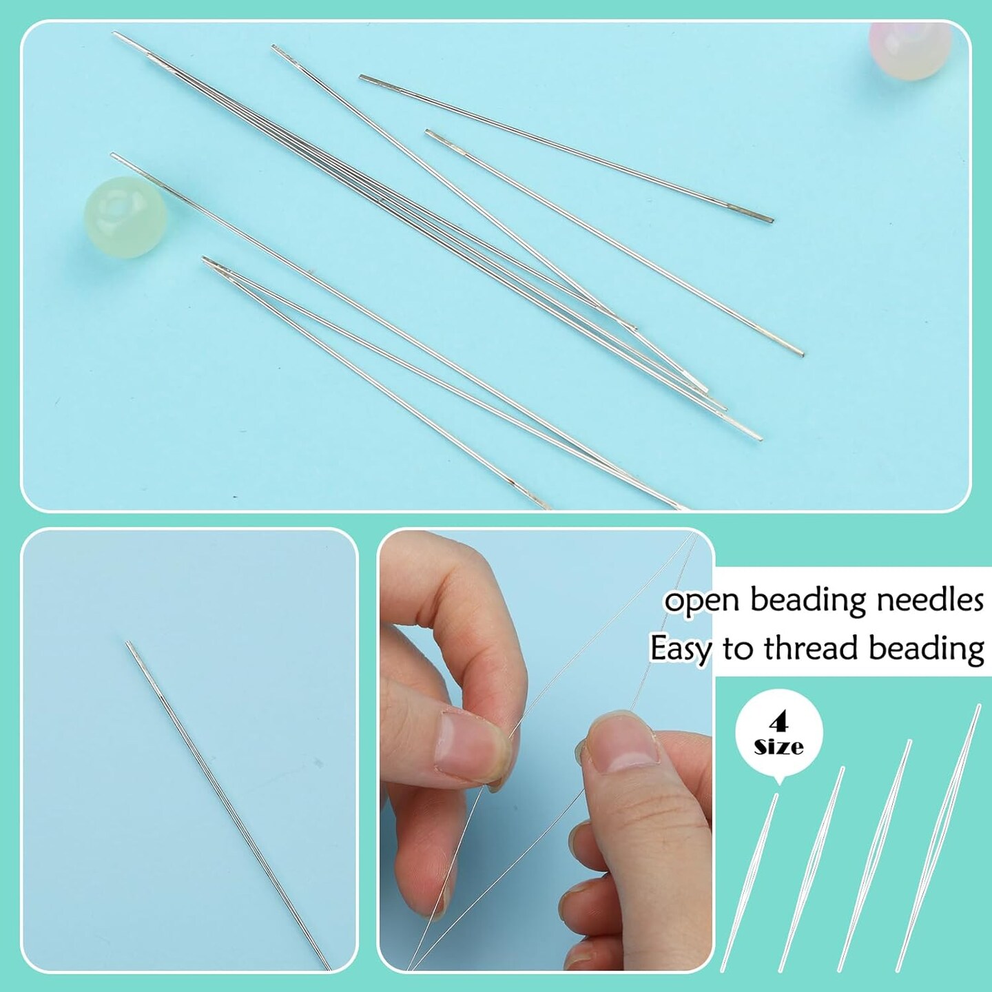 16 Pcs Big Eye Beading Needles 4 Sizes Beading Needles, Seed Beads Needles Open Beading Embroidery Needles with Threader for Jewelry Making