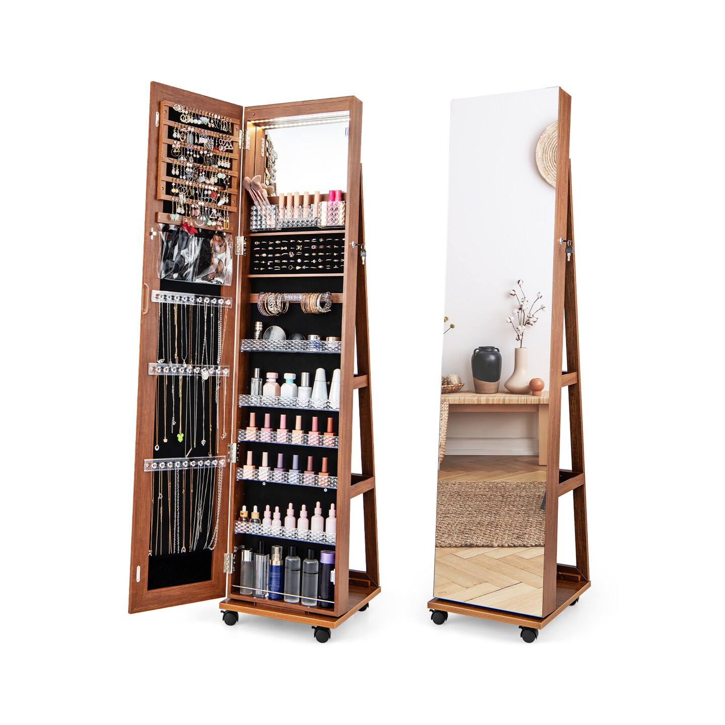 LED Lighted Jewelry Armoire Mirror Cabinet with Wheels Lockable Storage