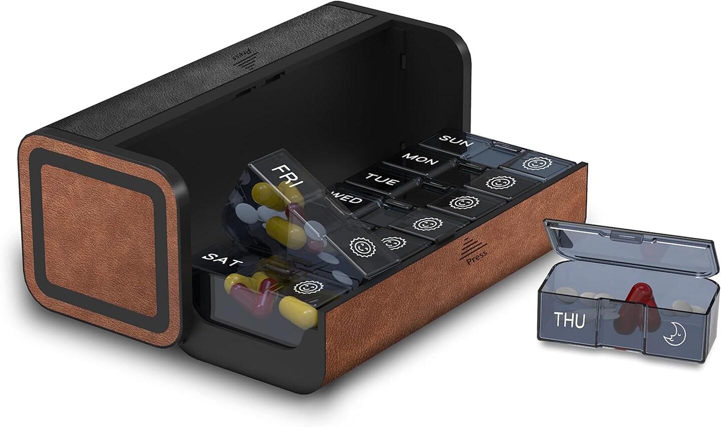 Leather Weekly Pill Organizer-Brown/Black